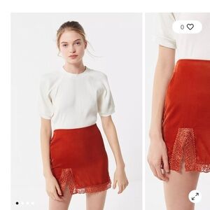 UO Lucy Velvet Lace Trim Mini Slip Skirt Rust Orange
